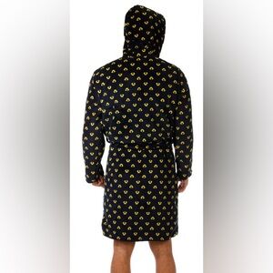 mens plush robe. hooded neckline sleek brand logo ultra soft fabric sleepwear